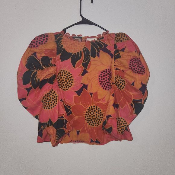 Farm‎ x Anthropology Puff-Sleeve Orange Pink Blouse Sunflowers Women's Size XXS - Picture 3 of 5